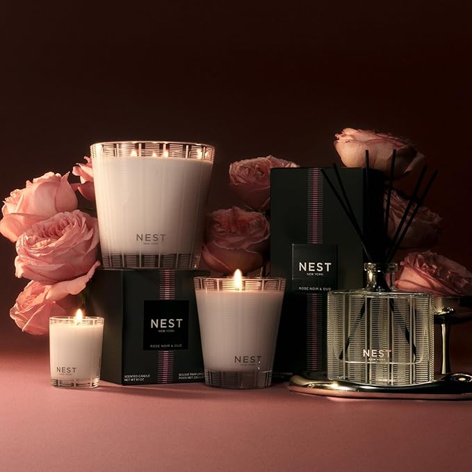 NEST New York Reed Diffuser, Rose Noir & Oud - 5.9 fl oz - Fragrance for Up to 90 Days - Reusable, Refillable Glass Holder - Includes 8 All-Natural Reed Sticks - Flame Free