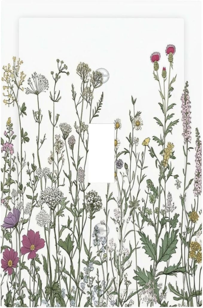 Vintage Herbs Wildflowers Plant Floral Decorative Light Switch Cover 1 Gang Single Toggle Device Electrical Faceplate Switchplates Decorator Outlet Wall Plate For Bed Room Home Decor