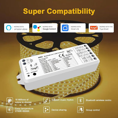 (2 Pack) 5in1 WB5 LED Controllers Bluetooth Control 2.4GHz Dimmable CCT RGB RGBW RGBCCT COB LED Strips - Compatible with Tuya App Echo Alexa Google Home Voice Control
