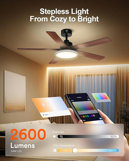 Lumary 52'' Smart Ceiling Fan with RGBAI Lights Remote, WiFi Bluetooth Low Profile Ceiling Fan with Alexa Google App, Dimmable & Color Tuning, 46 Scene, Modern Flush Mount for Bedroom Living Room