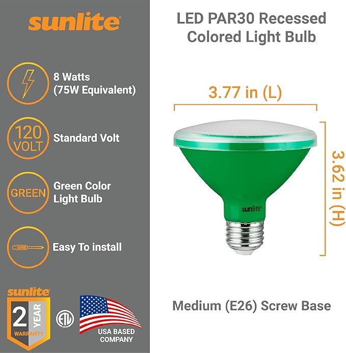 Sunlite 40240 LED PAR30 Short Neck Colored Recessed Light Bulb, 8 Watt (75W Equivalent), Medium (E26) Base, Floodlight, ETL Listed, Green, 3 Count