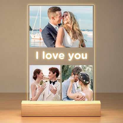Custom Picture Frames with Photo, Personalized Photo Frame with Night Light, Customized Gifts for Girlfriend Boyfriend, Personalized Anniversary Valentines Day Gifts for Women Men Her Him Couple