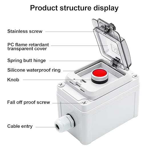 IP67 Button Switch Outdoor Waterproof Box Red Emergency Button with Protective Cover Anti-misoperation Switch(AC/DC 6A-110V/3A-240V/2.5A-380V)