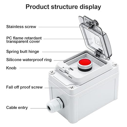 IP67 Button Switch Outdoor Waterproof Box Red Emergency Button with Protective Cover Anti-misoperation Switch(AC/DC 6A-110V/3A-240V/2.5A-380V)