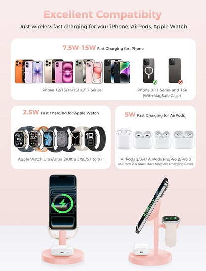 2025 3 in 1 Wireless Charging Station Compatible with MagSafe, 15W Fast Magnetic Mag-Safe Charger Stand for Apple iPhone 17 16 15 14 13 12 iWatch AirPods Pro 4 3 2, Pink