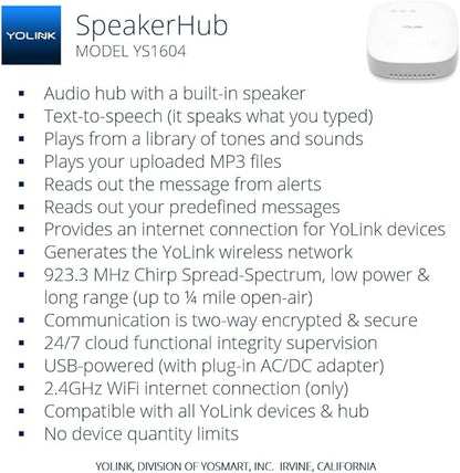 YoLink SpeakerHub & Three Water Leak Sensors Starter Kit – Plays Tones/Sounds, Spoken Messages, LoRa-Powered ¼ Mile Range, App Alert, Emails, SMS/Text, IFTTT