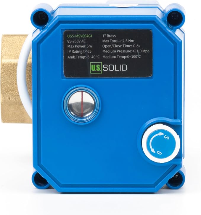 U.S. Solid Motorized Ball Valve with Manual Function - 1" Brass, Standard Port, 85-265V AC, 2-wire Automatic Return, Normally Closed