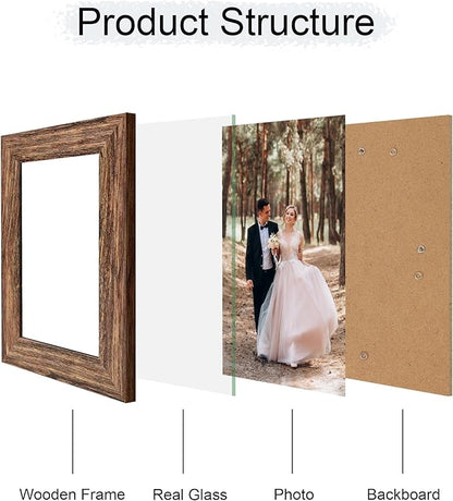 iRahmen 4x6 Picture Frame Set of 4, High Definition Glass Brown Frame, 4 x 6 Wood Rustic Photo Frames for Horizontal or Vertical Display Tabletop and Wall Mounting