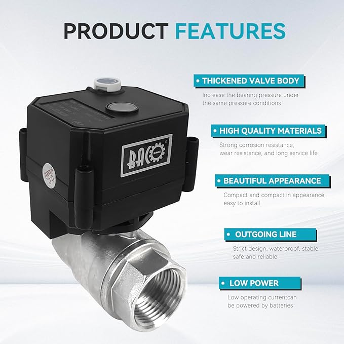 BACOENG Motorized Ball Valve, 2 Wire Auto Return 1" Stainless Steel Electrical Ball Valve with Full Port, AC/DC9-24V Manually Closable (Normally Closed), Black