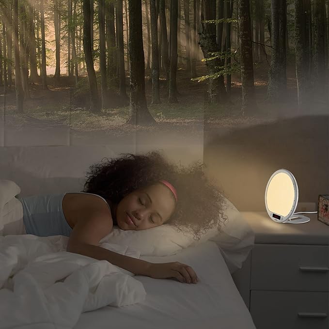 Light Therapy Alarm Clock Wake up Light 10000 lux Sunrise lamp Bright Light Alarm Clock APP Control Built in Lithium Battery Portable for Travel