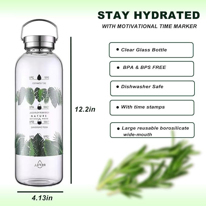 2 Liter Large Glass Water Bottle with Motivational Daily Water Intake Marks,Drinking Bottle,64 oz Resuable Wide Mouth Glass Bottles with Handle Sleeve, BPA Free for Gym/Office (Slivery Lid)