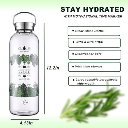 2 Liter Large Glass Water Bottle with Motivational Daily Water Intake Marks,Drinking Bottle,64 oz Resuable Wide Mouth Glass Bottles with Handle Sleeve, BPA Free for Gym/Office (Slivery Lid)