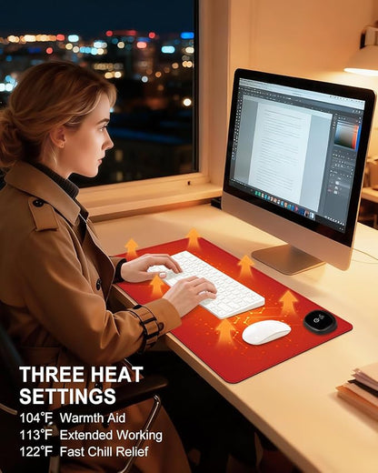 Heated Desk Pad, 23.6" x 14.2" Leather Non-Slip Warm Desk Pad, Large Mouse Mat with 3 Levels Heating & 3 Hours Auto Shut-Off, Hand and Foot Warmer for Office, Home, Red