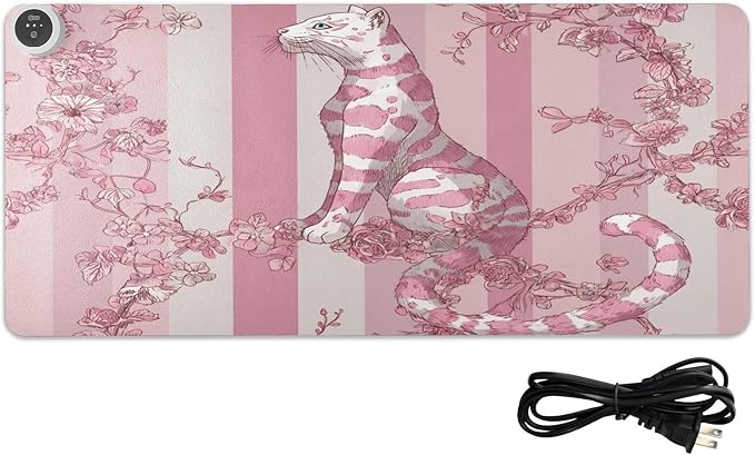 Heated Desk Pad Mouse Pad 31.5x13 Inch PU Leather Desk Mat with 3 Heat Levels Large Mouse Gaming Computer Laptop Mat Pink Leopard Stripes Floral