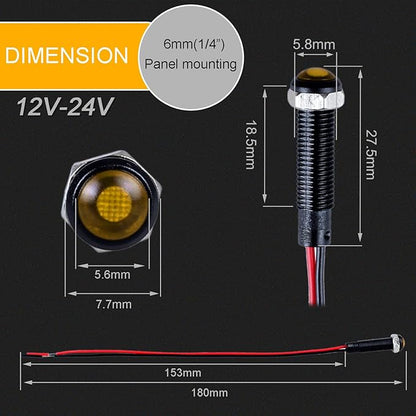 5pcs 6mm LED Indicator Light Plastic Black Signal Dot Lamp 12V-24V 1/4" Mounting Hole Size with 15cm/5.9in. Wire (Yellow LED)