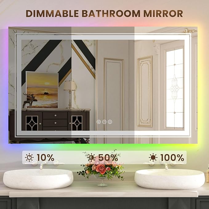 WTTY LED Bathroom Mirror 48"x32" with RGB Backlit and Front Light,Stepless Dimmable LED Mirror for Bathroom,Colored Lighted Bathroom Vanity Mirror,Anti-Fog,Memory Function,Shatter-Proof