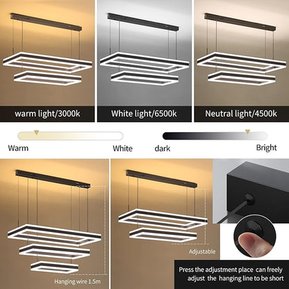 Modern LED Chandelier, Double Rectangles Ceiling Pendant Lights, LED Island Lights Dimmable Chandeliers for Dining Room Living Room Bedrooms, Black (40CM/60CM)