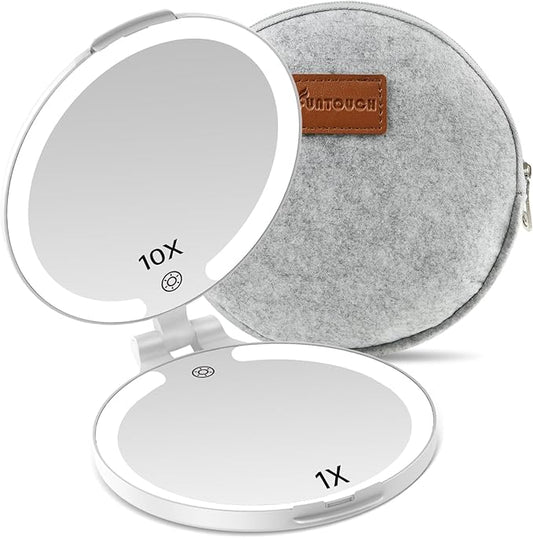 FUNTOUCH Travel Mirror with Lights and Magnification, 1X/10X Double Sided Makeup Vanity Mirror with 3 Color Setting, Christmas Birthday Gifts for Women Girls with Bag