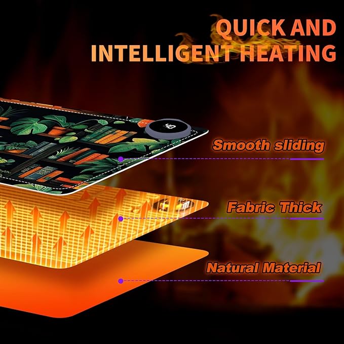 Heated Mouse Pad 23.6 x 14 in 3-Temp Fast Heating Desk Mat with Auto Timer Warmer for Hands Wrist Pain Relief Waterproof Keyboard Mat for Office, Gaming, Home, Bookshelf Jungle