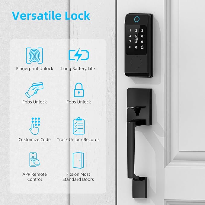 WiFi Smart Locks for Front Door with Handle Sets, Keyless Entry Door Lock Fingerprint Deadbolt, Electronic Digital Touchscreen keypad, App Control, Easy to Install (Black)