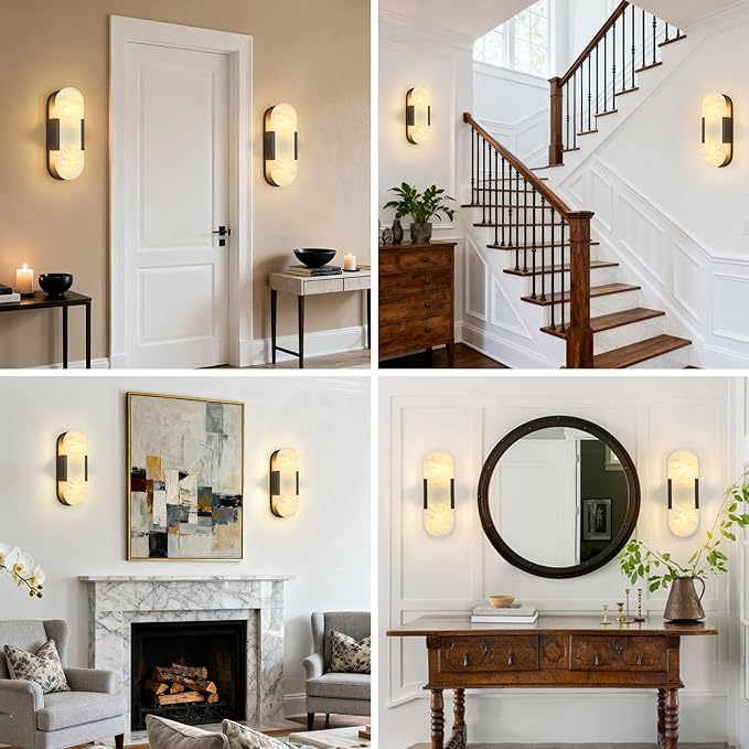 Alabaster Wall Sconces Set of Two, Modern Natural Marble Wall Sconces for Indoor Lighting, 13.8 in Black Wall Lights for Bathroom Dining Room Stairs Bedroom