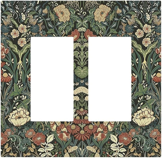 Decorative Outlet Covers Vintage Dark Floral William Morris Green Flower 2 Gang Double GFCI Rocker Electrical Wall Panels Light Switch Cover Plate for living Room Home Decor