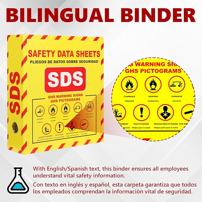 SDS MSDS Binder and Wall Station Bilingual Yellow 2 Inch Safety Data Sheet 3 Ring Binder with SDS Wire Rack Chain Self-tapping Screws SDS Station Sign Wall Mounted for Workplace English Spanish