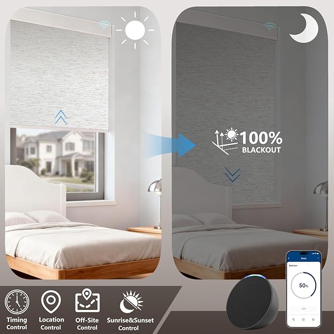 Smart Motorized Blinds – 100% Blackout Roller Shades with Remote, Alexa/Google Home/Siri Control, Matter Compatible, Wireless Rechargeable Battery, Custom Sizes for Windows & Sliding Doors