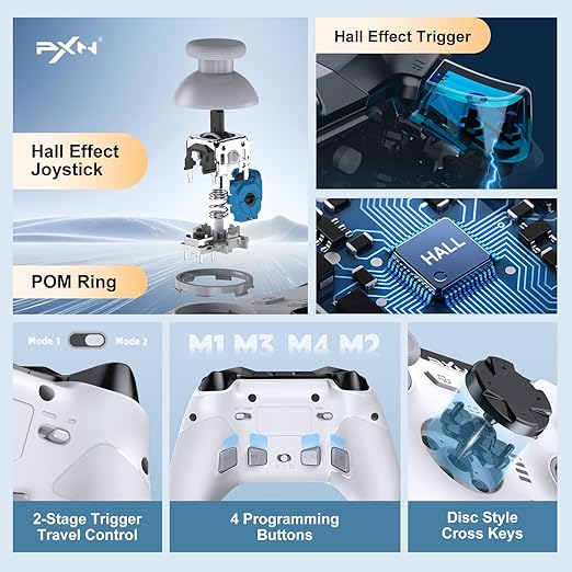 PXN P5 PC Gaming Controller, 2.4G Wireless Gaming Controller, Hall Effect Joystick, Hall Triggers, Dual Vibrators, APP, POM, Wake-up, 4-Macro, 3-Mode(2.4G/BT/SW), for PC,Switch,Android,iOS - White