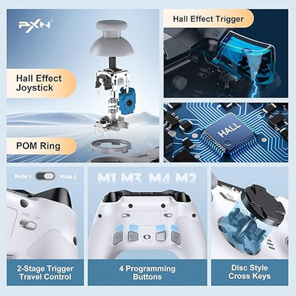 PXN P5 PC Gaming Controller, 2.4G Wireless Gaming Controller, Hall Effect Joystick, Hall Triggers, Dual Vibrators, APP, POM, Wake-up, 4-Macro, 3-Mode(2.4G/BT/SW), for PC,Switch,Android,iOS - White