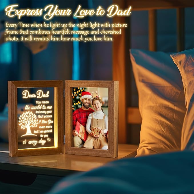Dad Christmas Gifts for Dad from Daughter Son Kids, Engraved Night Light with Dad Picture Frame 5x7 Father in Law Christmas Gifts for Dad Who Wants Nothing & Gifts for Step Dad Bonus Dad New Dad Gifts
