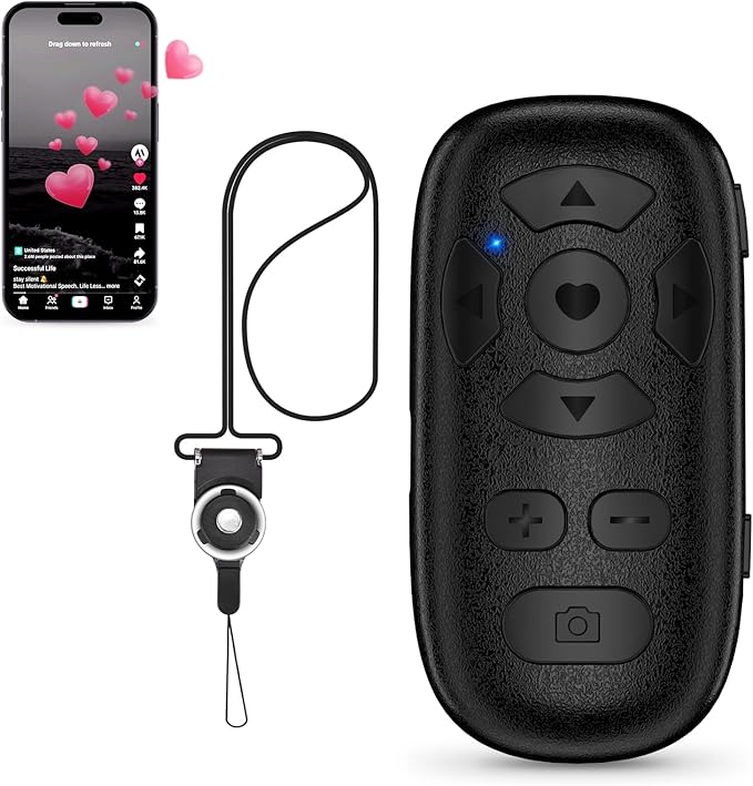 TikTok Scrolling Remote Control for iPhone and Android Smartphones, Bluetooth Page Turner for Kindle App, Camera Photo and Video Clicker for iPhone, and Samsung Neck Strap Included.(Black)