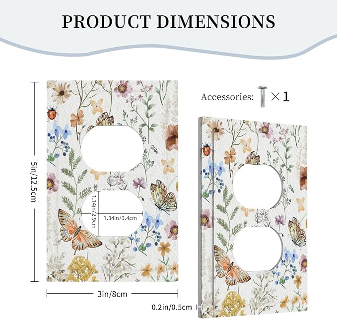 Decorative Light Switch Cover Boho White Background Butterfly Rustic Flower Personalized Wall Plate Single Duplex Switchplate 1 Gang Outlet Plate Decora Light Switch Plate for Bedroom Decor