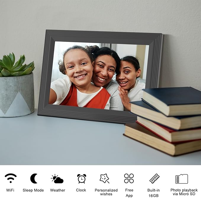 Digital Picture Frame 10.1 Inch WiFi Photo Frame Electronic, IPS Touch Screen, 16GB Storage, Auto-Rotate,Easy Setup and Share Photos and Videos via App from Anywhere