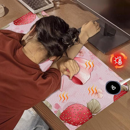 Heated Mouse Pad 23.6 x 14 in 3-Temp Fast Heating Desk Mat with Auto Timer Warmer for Hands Wrist Pain Relief Waterproof Keyboard Mat for Office, Gaming, Home, Pink Bow Floral