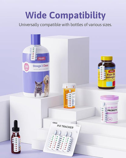 FEATY Pill Reminder for Meds Bottles, Arthritis-Friendly Pill Tracker with Anti-Slide Design, Reusable Medication Tracker for Pet Meds Without Filling, Compact Medication Reminder, 4 Packs