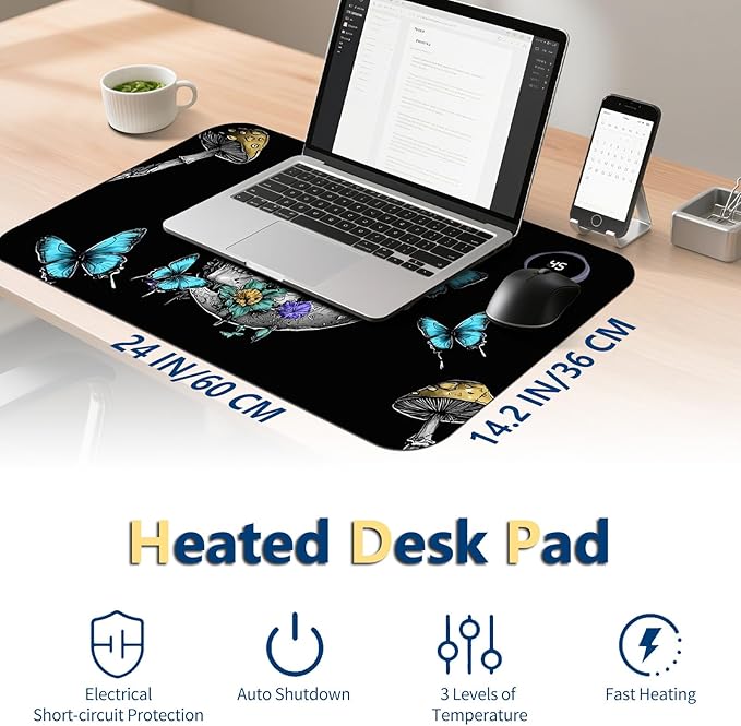 Heated Mouse Pad with 3 Temperature Settings(104°F–122°F),Large 24x14.2 Inch PU Leather Heated Desk Mat,Waterproof Warming Pad for Office,Gaming & Cold Hands Relief,Skeleton Moon Mushroom