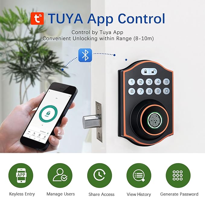 Smart Fingerprint Door Lock, Keyless Entry Deadbolt with Electronic Keypad, Bluetooth App Control, One Time Code, IP65 Weatherproof, for Front Door/Home/Office (Oil Rubbed Bronze)