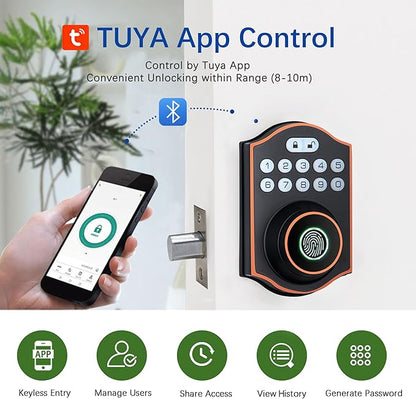 Smart Fingerprint Door Lock, Keyless Entry Deadbolt with Electronic Keypad, Bluetooth App Control, One Time Code, IP65 Weatherproof, for Front Door/Home/Office (Oil Rubbed Bronze)
