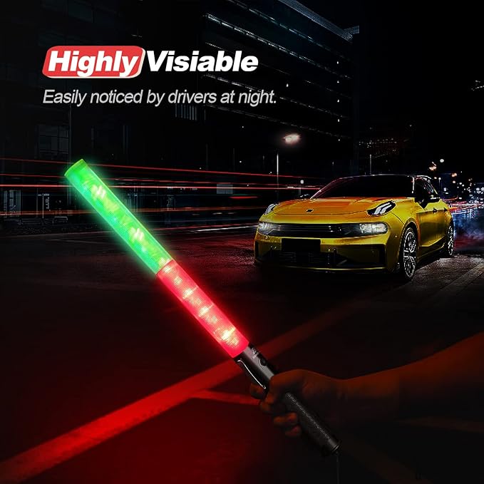 RoadHero 1 Pack 21 Inch Traffic Wands, Red and Green Led Traffic Control Baton, Safety Light Wand with 3 Flashing Modes, Air Marshaling Signal Wand with Side Clip for Airport, Parking, Car Directing