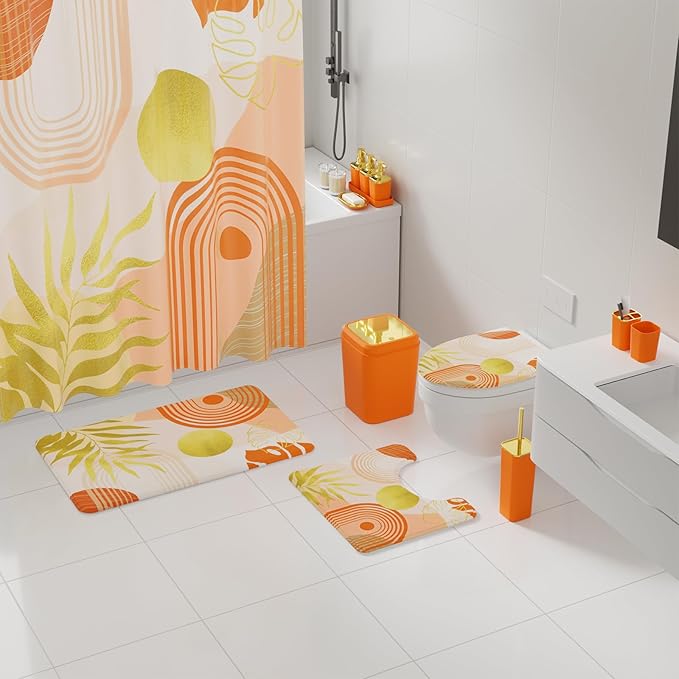 Bathroom Set - Bathroom Sets with Shower Curtain and Rugs, Bathroom Accessory Set, Orange Bathroom Accessories Set with Trash Can, Toilet Brush and Soap Dispensers