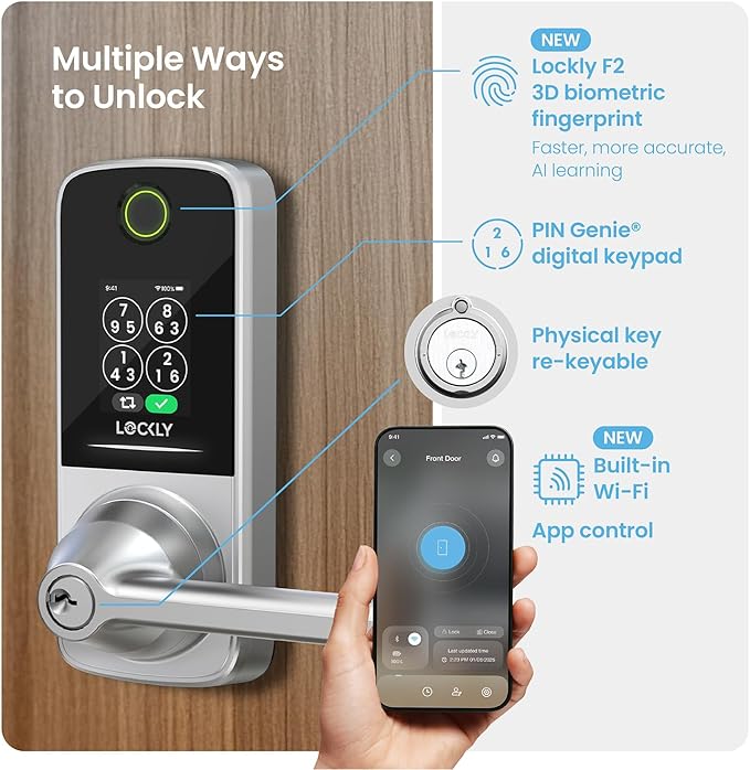 Lockly Smart Lock Secure Pro (2025 Latest Version),Fingerprint Door Lock, Keyless Entry, Built-in Wi-Fi Latch, PIN Genie Keypad (Silver)