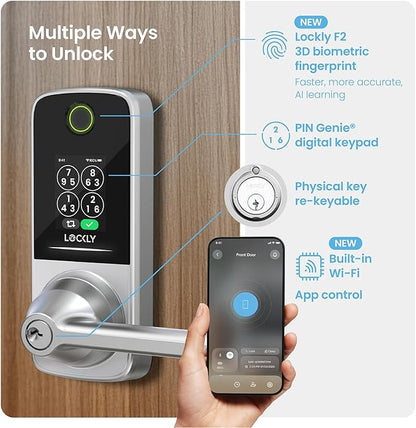Lockly Smart Lock Secure Pro (2025 Latest Version),Fingerprint Door Lock, Keyless Entry, Built-in Wi-Fi Latch, PIN Genie Keypad (Silver)