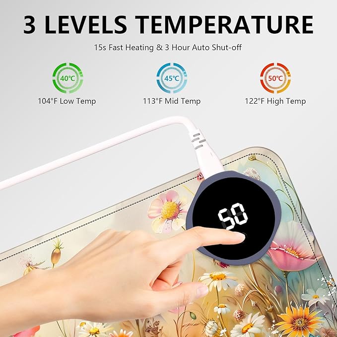 Heated Mouse Pad with 3 Levels Heated & 3 Hours Auto Shut-Off Mouse Pad for Warming Hands in Office Home, 31.5" x 13"Large Safe Desk Mat Hand Warmer，Colorful Flowers