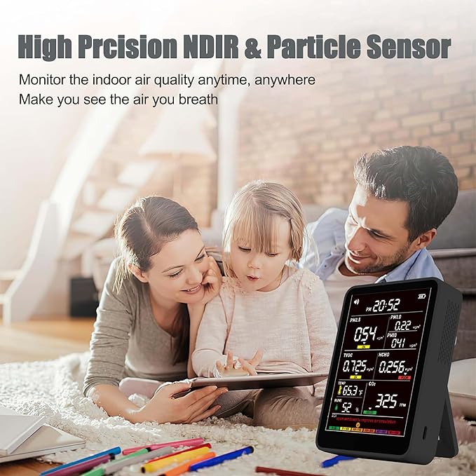 Professional Indoor Air Quality Monitor with AQI Alarms, Portable Real-Time Detector for Home Cars Plants and Pets (Glossy Black)