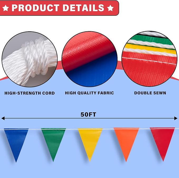 50ft Pennant Banner Flags, 7"x10" Fluorescent Multicolor Safety Flagging Warning Banner for Construction Site/Traffic Control/Boundary Barrier Signs, Perimeter Marking Flags on String, 25 Pcs