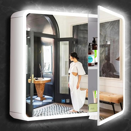 28 x 32 Inch White Medicine Cabinet LED Mirror with Lights 3 Color Dimmable Anti-Fog 2 Door 32 Inch Bathroom Lighted Medicine Cabinet with Mirror and Lights Storage for Bathroom Wall