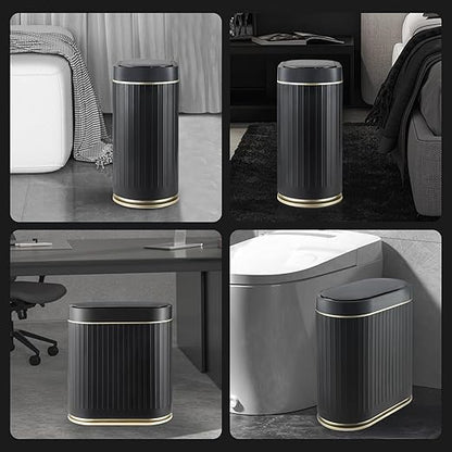 ELPHECO Bathroom Trash Can with Lid 2 Gallon Motion Sensor Garbage Can 7.5 Liter Small Trash can Touchless Bathroom Decor Waterproof Smart Waste Bin with Stripes for Bedroom, Office (Black-Golden)