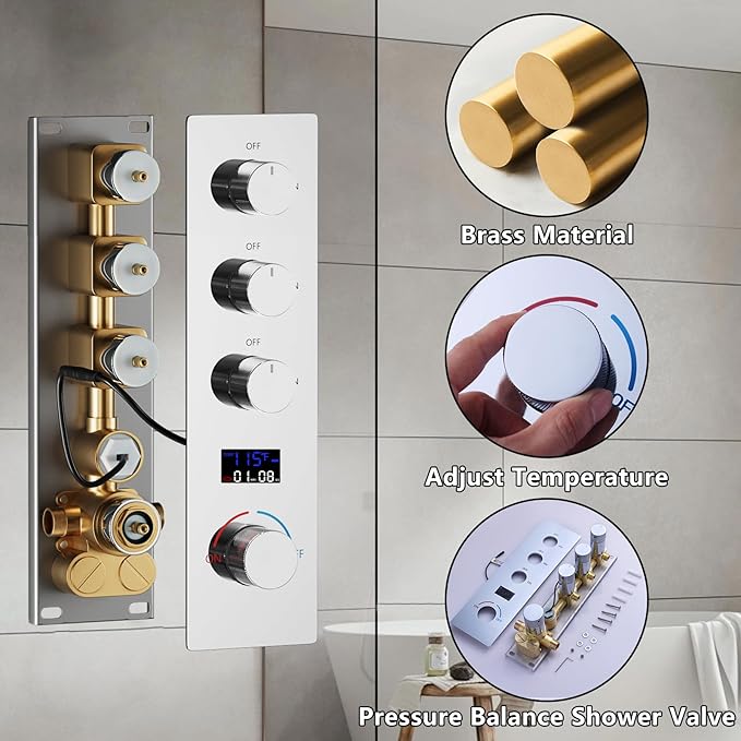 Brass Temperature Shower Diverter Valve Chrome 3 Way Outlets Concealed Digital Display Shower Mixer Valve Kit Bathroom Shower Diverter On Off Flow Control Replacement Valve