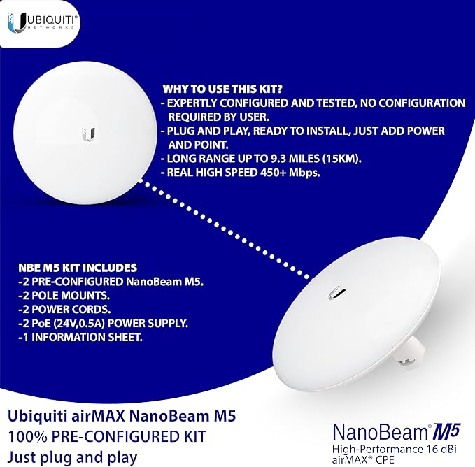 Tavora Wireless Bridge NBE-M5-16 Pre-Configured Bundle of 2, Point to Point Wi-Fi Bridge Outdoor, Plug and Play 150+ Mbps, 5 GHz, 15+ km Link Range